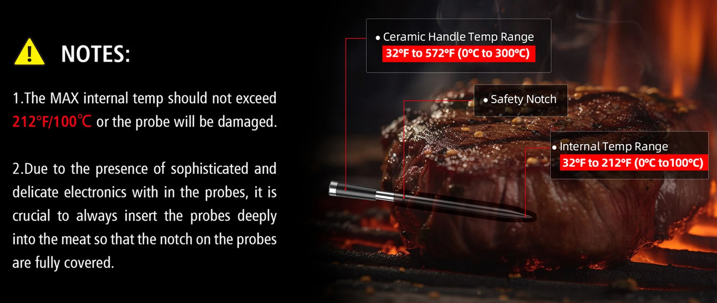 Wireless Bluetooth Meat Thermometer IP67 Waterproof Probes with LCD Screen Booster Rechargeable for Grilling Smoker BBQ Oven