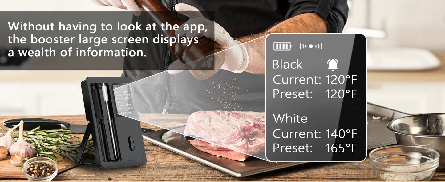 Wireless Bluetooth Meat Thermometer IP67 Waterproof Probes with LCD Screen Booster Rechargeable for Grilling Smoker BBQ Oven