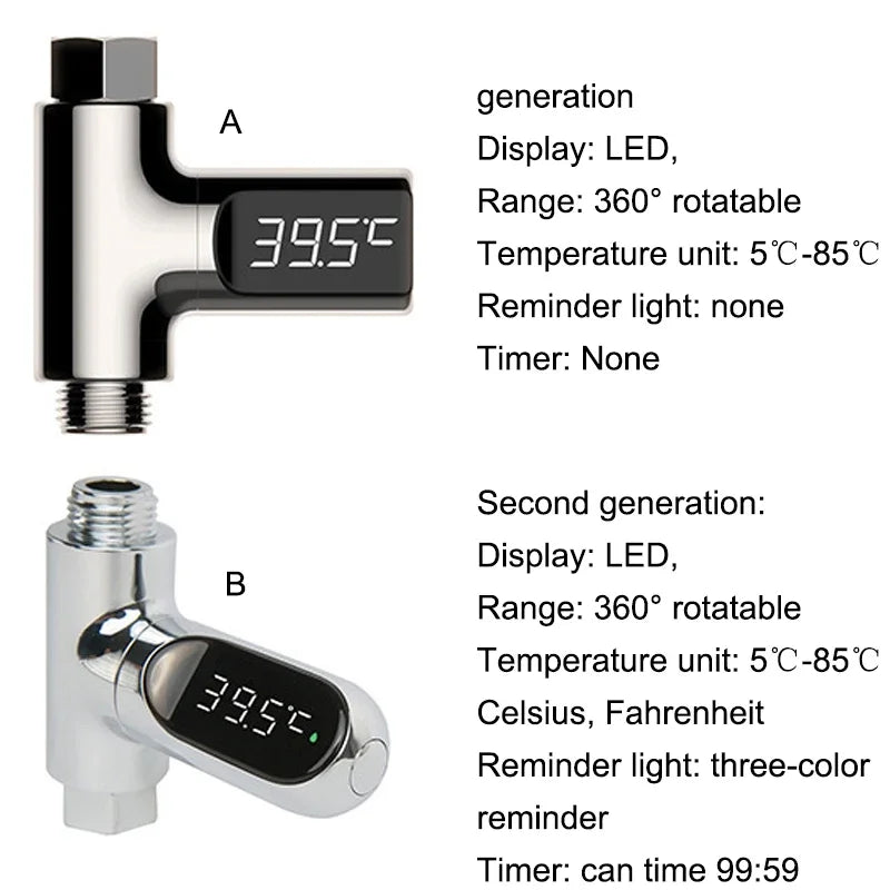 Water Thermometer LED Display Bathing Temperature Meter Shower Water Temperature Monitor 5-85℃ Flow Self-powered Bathroom Tools