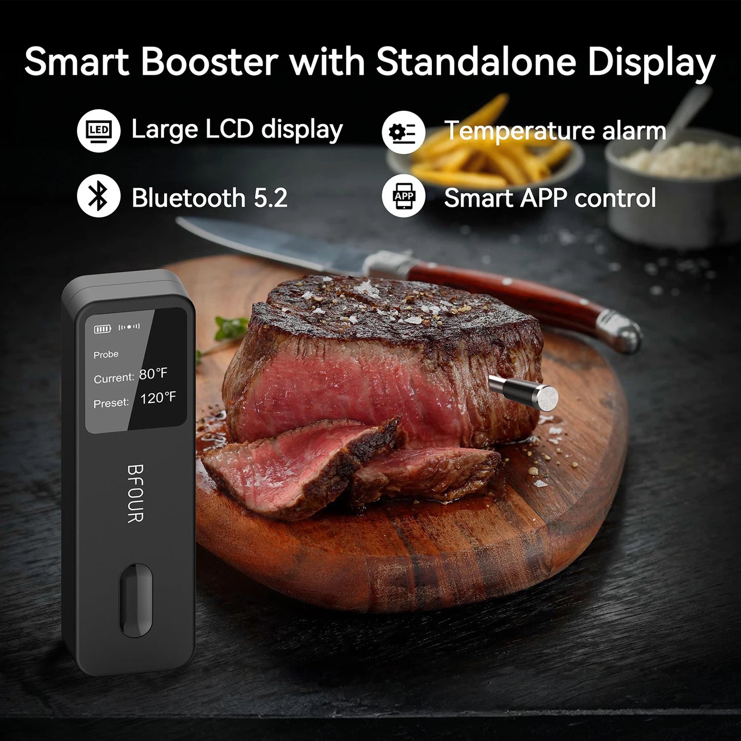 Wireless Bluetooth Meat Thermometer IP67 Waterproof Probes with LCD Screen Booster Rechargeable for Grilling Smoker BBQ Oven