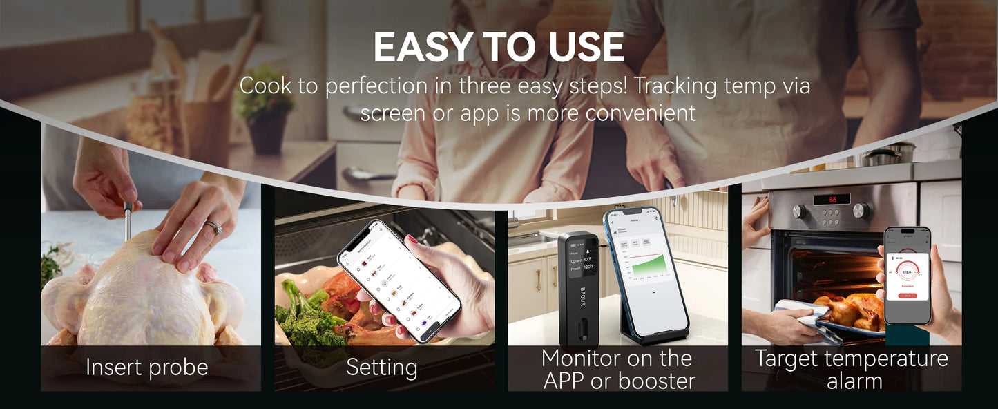 Wireless Bluetooth Meat Thermometer IP67 Waterproof Probes with LCD Screen Booster Rechargeable for Grilling Smoker BBQ Oven