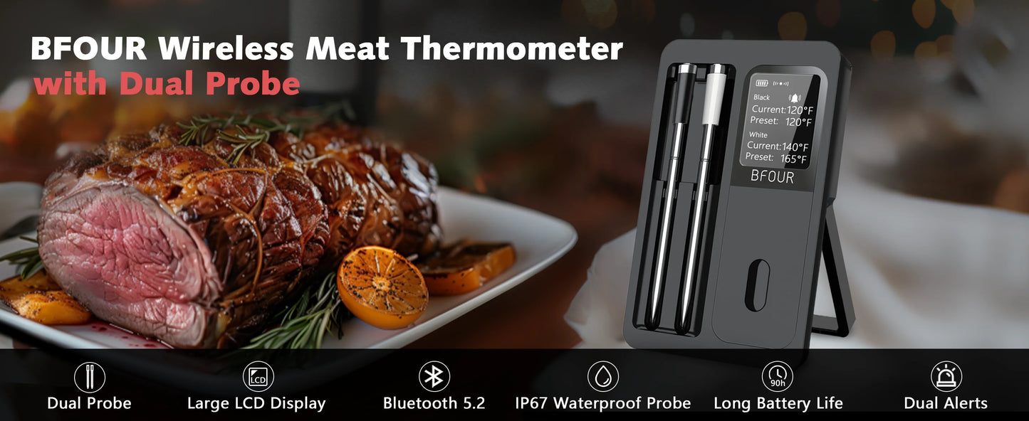 Wireless Bluetooth Meat Thermometer IP67 Waterproof Probes with LCD Screen Booster Rechargeable for Grilling Smoker BBQ Oven
