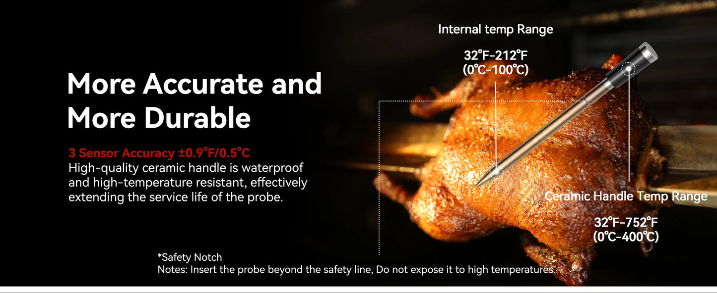 Wireless Bluetooth Meat Thermometer IP67 Waterproof Probes with LCD Screen Booster Rechargeable for Grilling Smoker BBQ Oven
